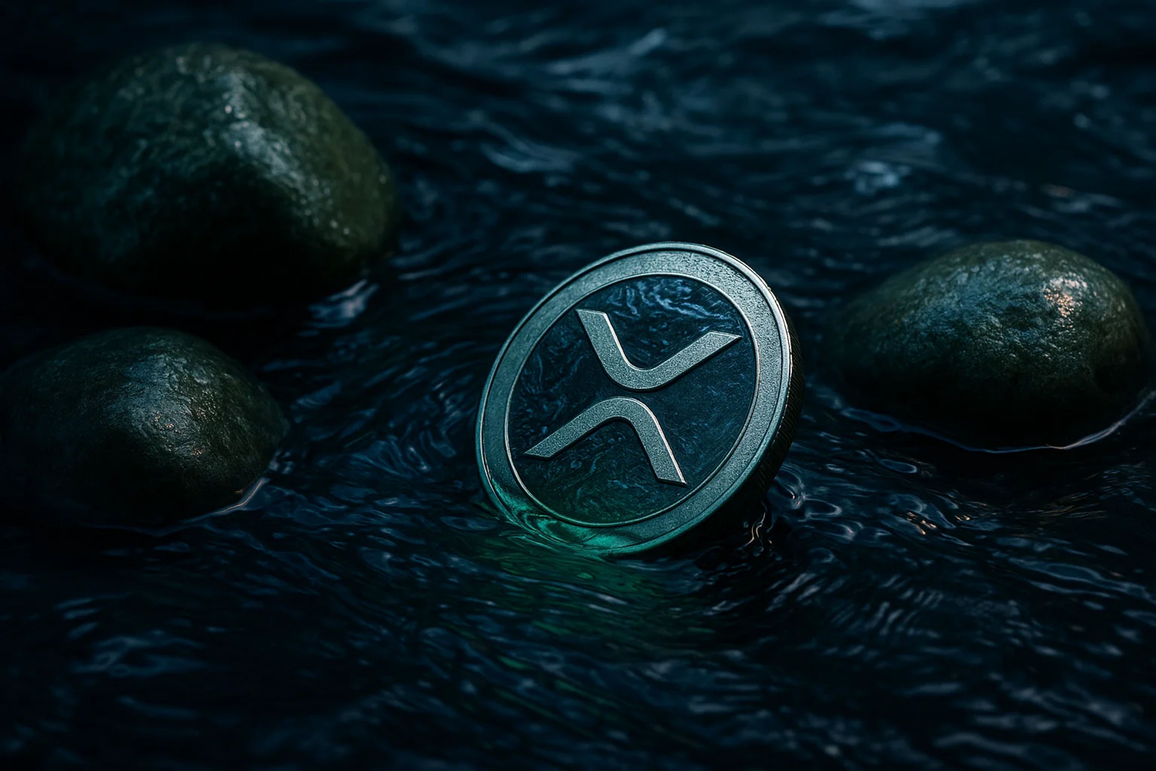A coin with a logo partially submerged in dark