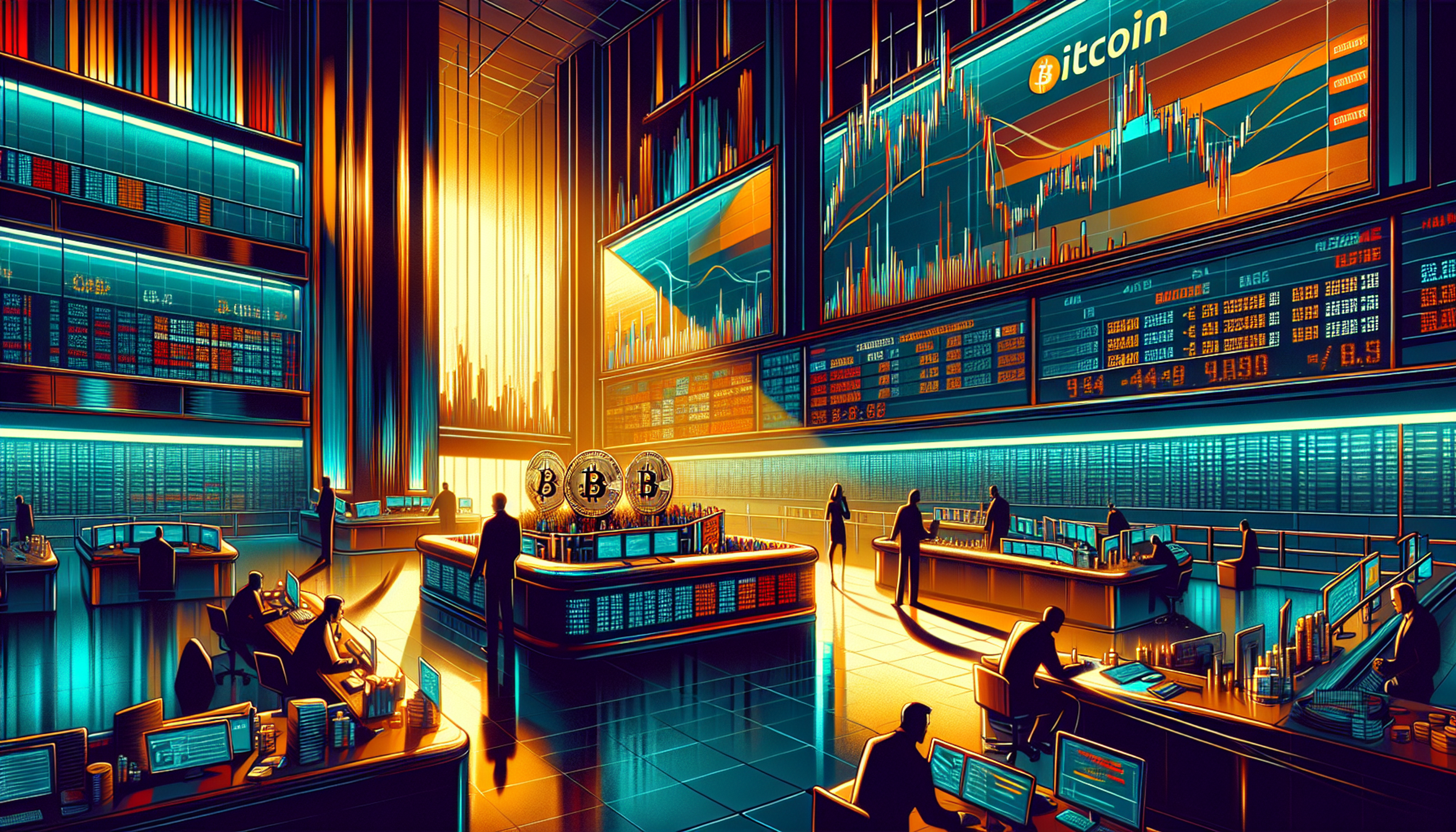 Futuristic trading room with glowing screens and