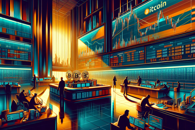 Futuristic trading room with glowing screens and