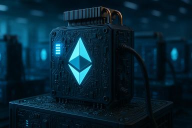 A glowing blue Ethereum logo on a dark