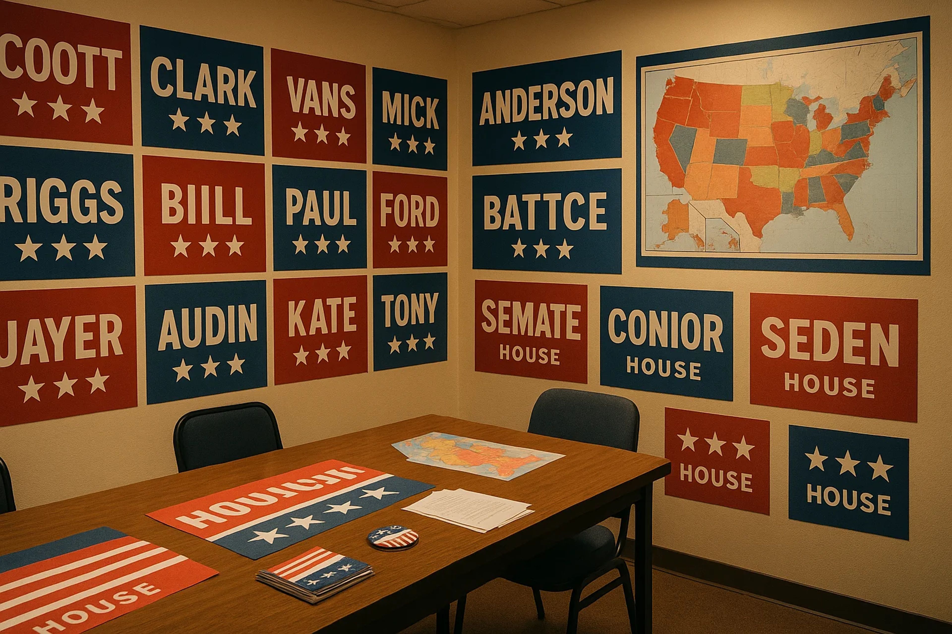 A room with a table and chairs, walls covered in