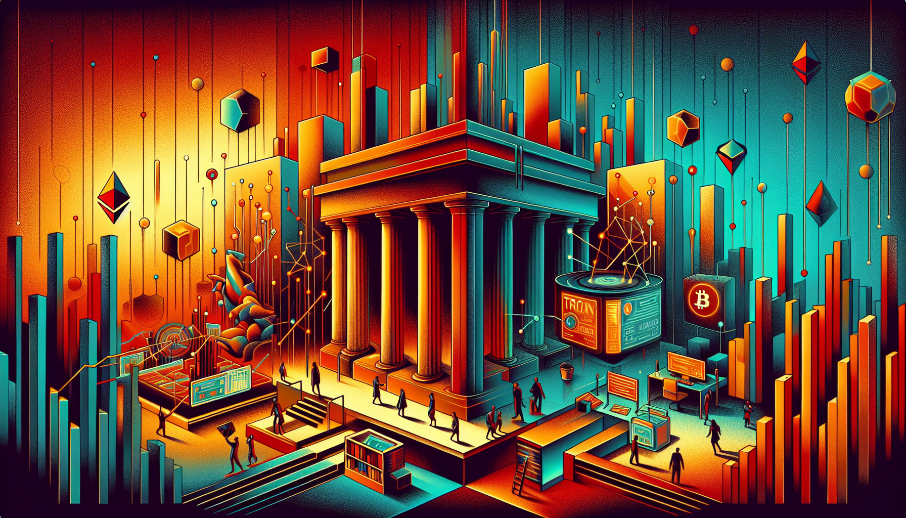 A vibrant, abstract scene featuring a grand