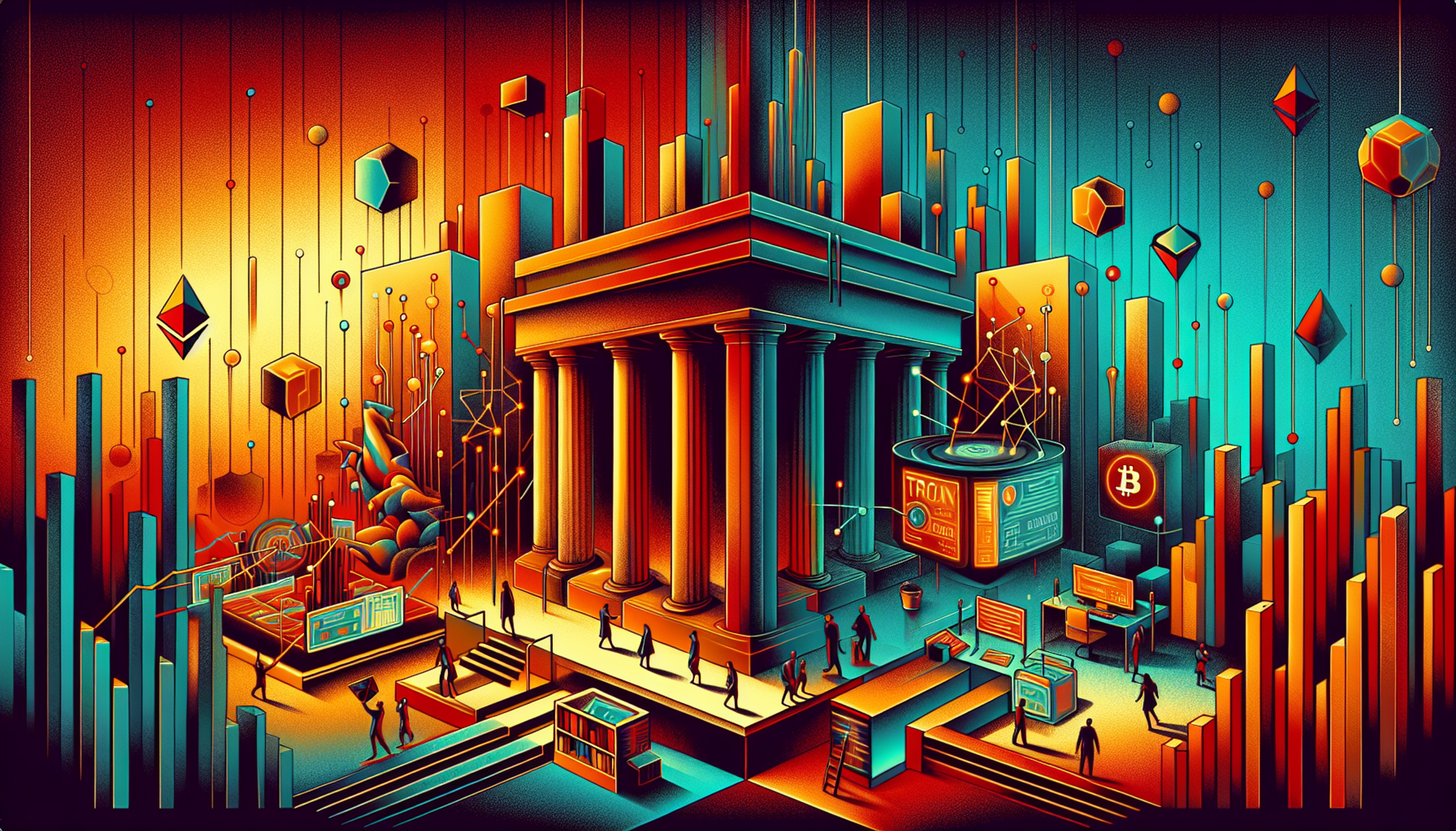 A vibrant, abstract scene featuring a grand