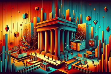 A vibrant, abstract scene featuring a grand