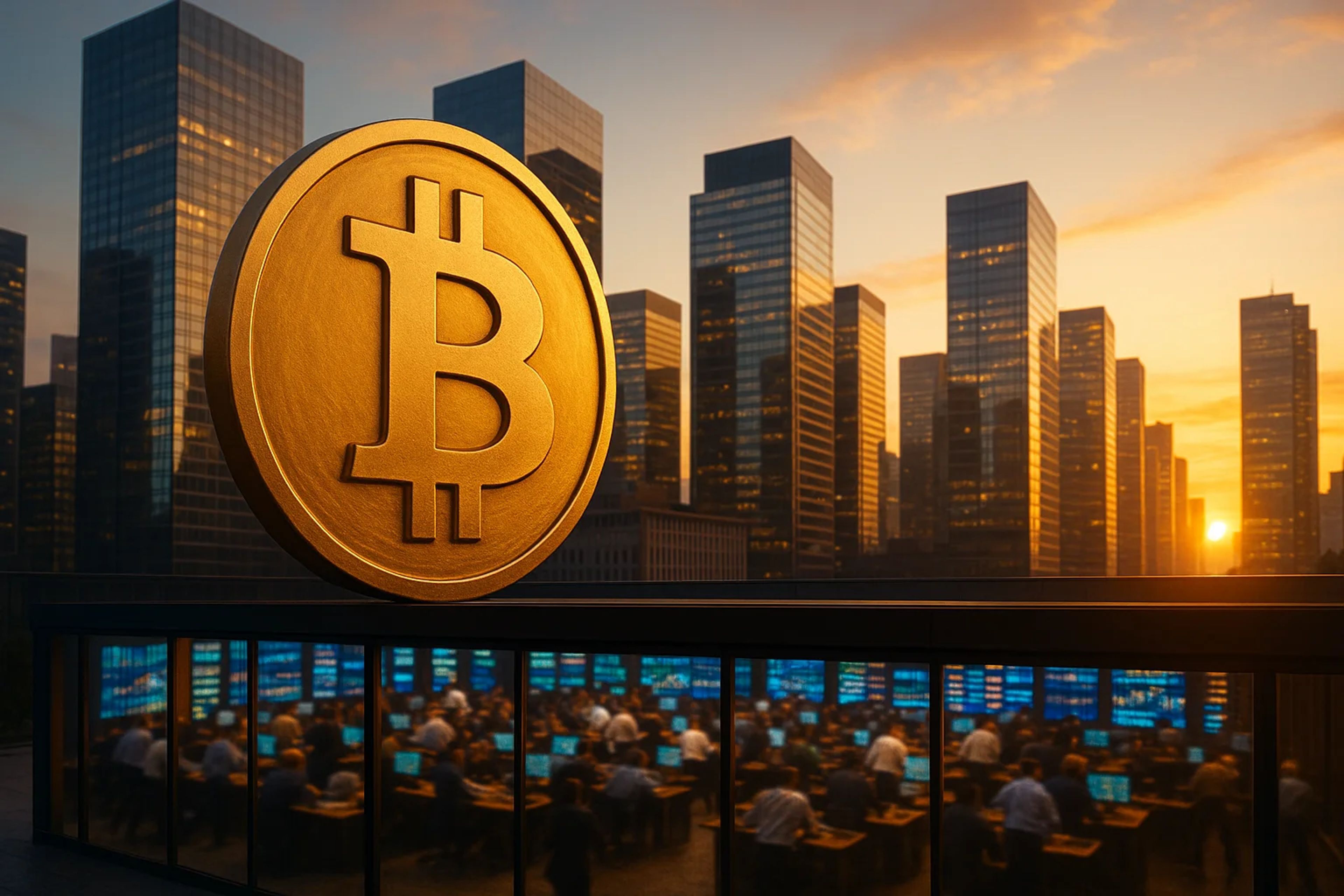 Large Bitcoin symbol in foreground with city