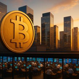 Large Bitcoin symbol in foreground with city
