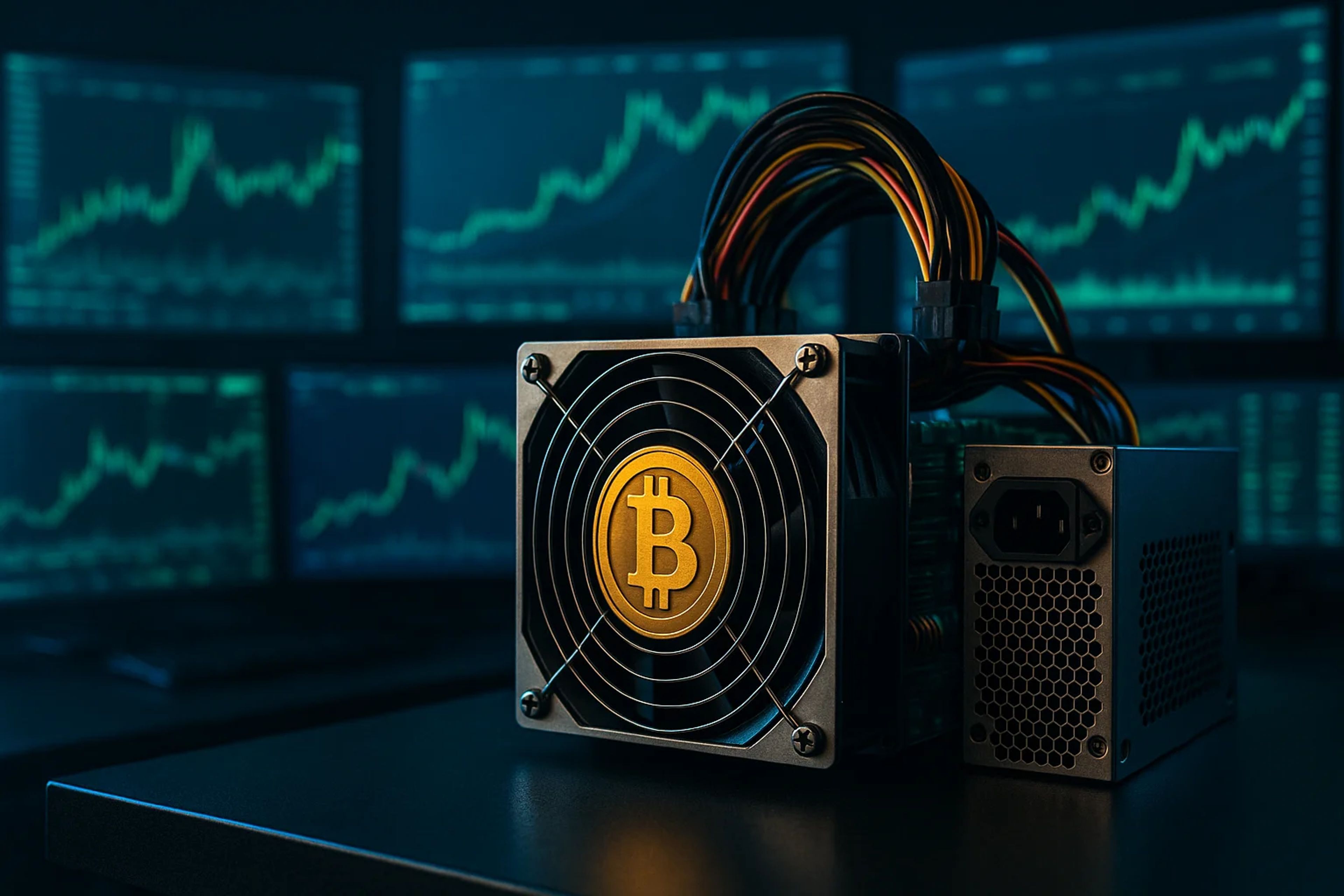 A Bitcoin mining rig with cables, set against