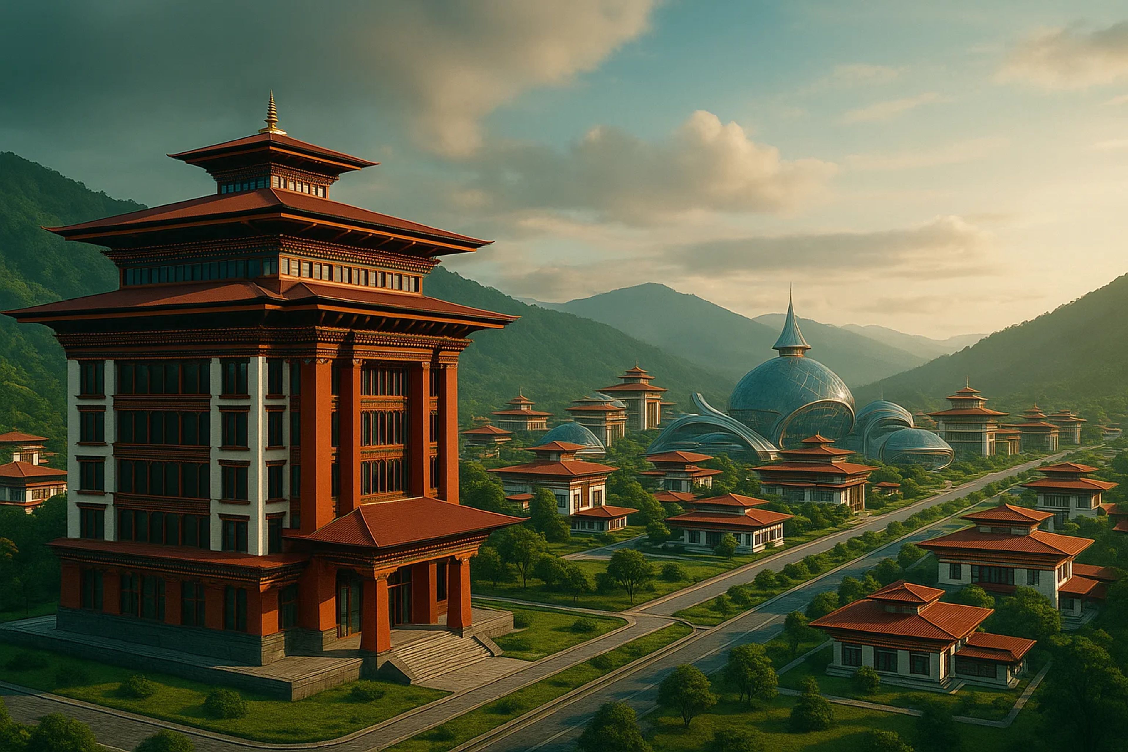 Modern architectural buildings in a mountainous