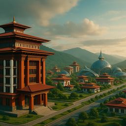 Modern architectural buildings in a mountainous
