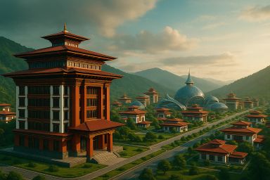 Modern architectural buildings in a mountainous