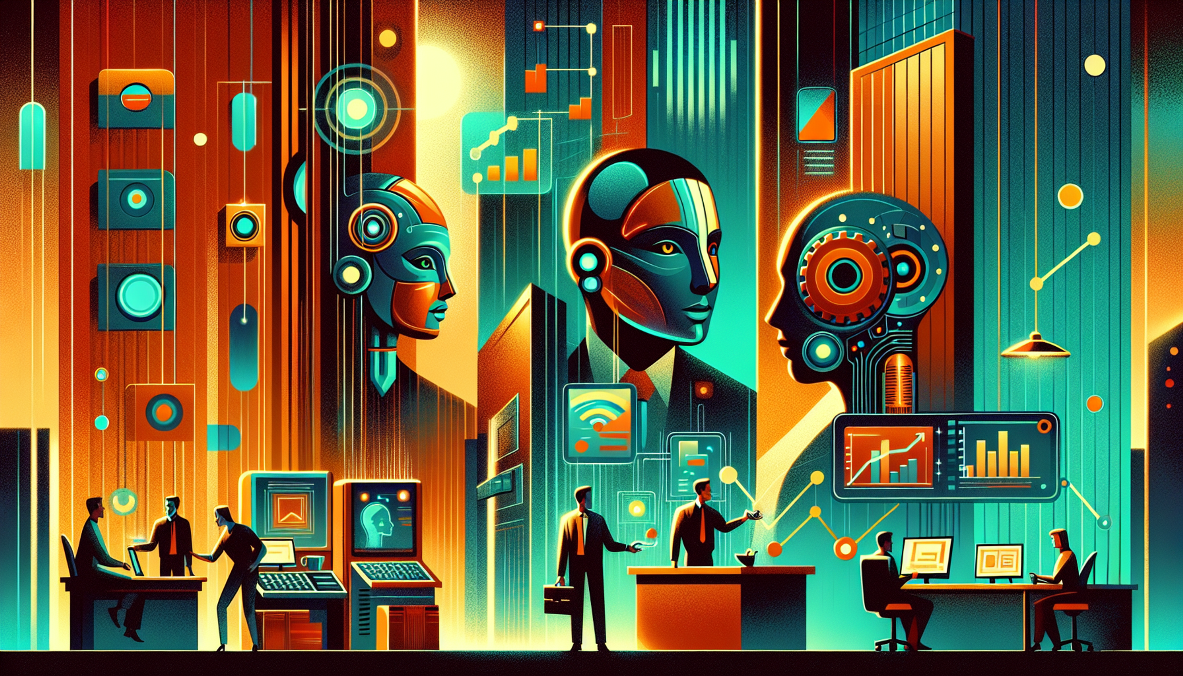 Futuristic office scene with robots and humans