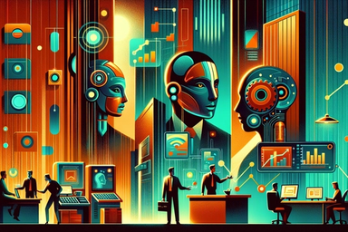 Futuristic office scene with robots and humans