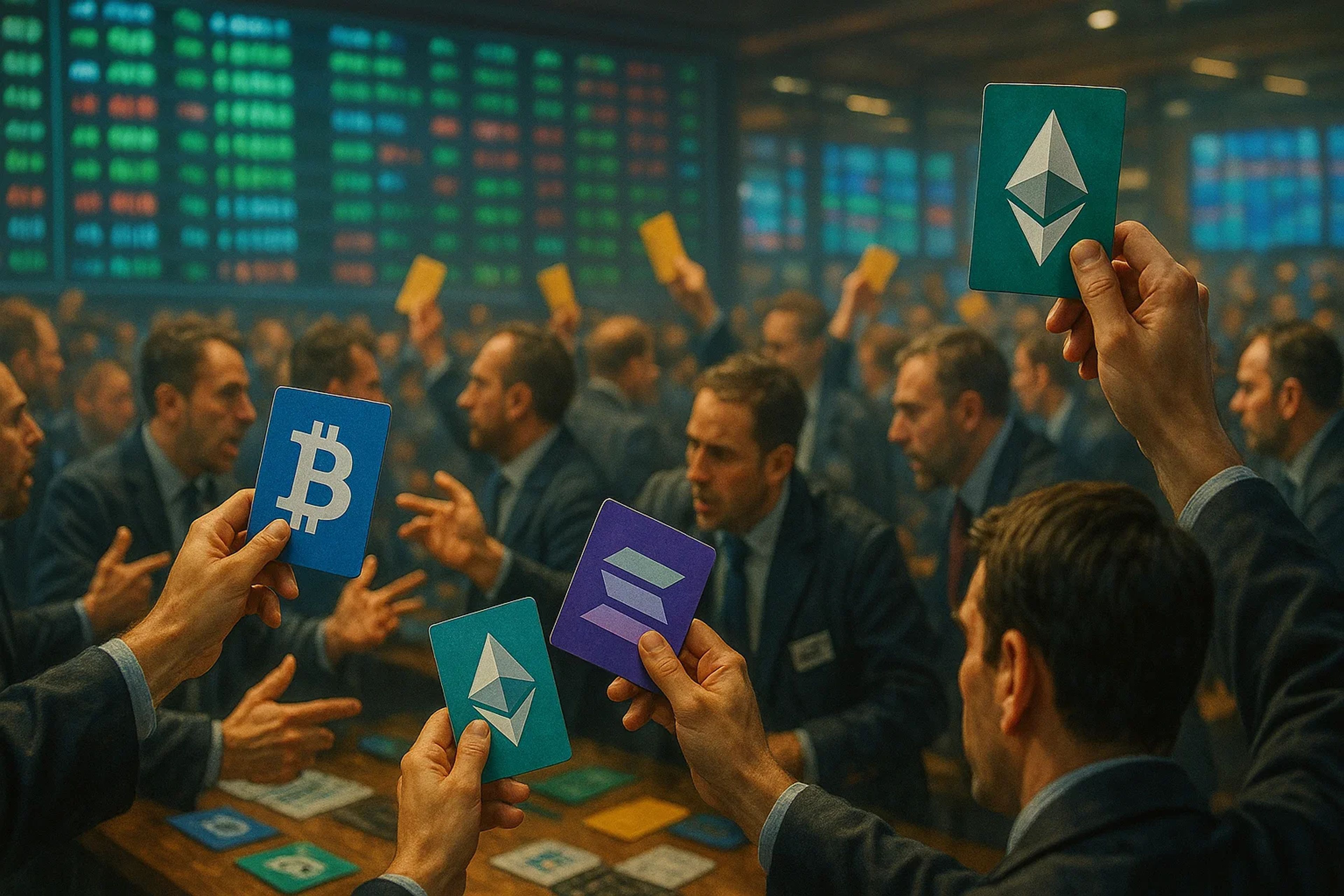 A crowded trading floor with multiple traders