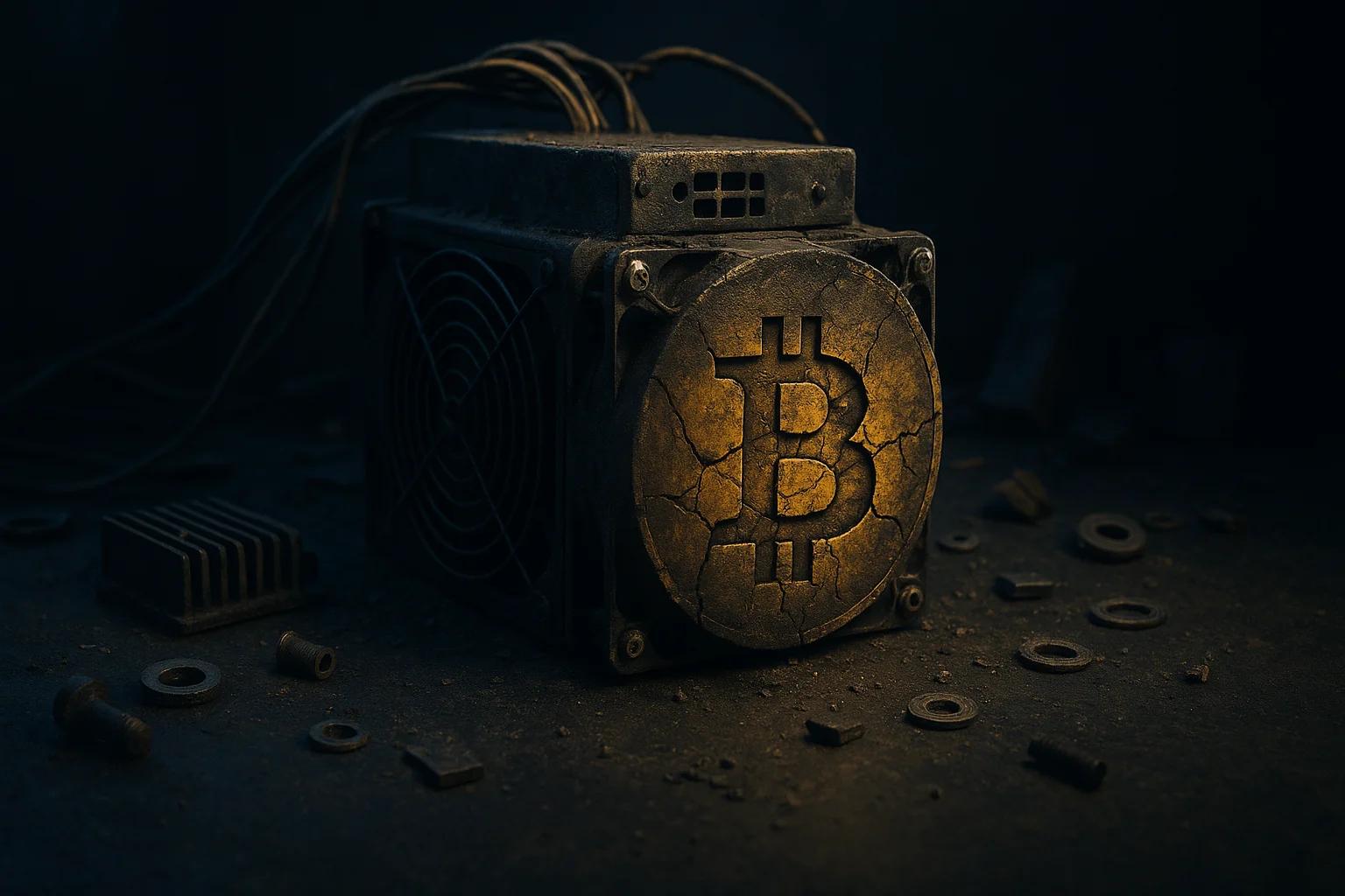 A worn Bitcoin mining machine on a dark surface
