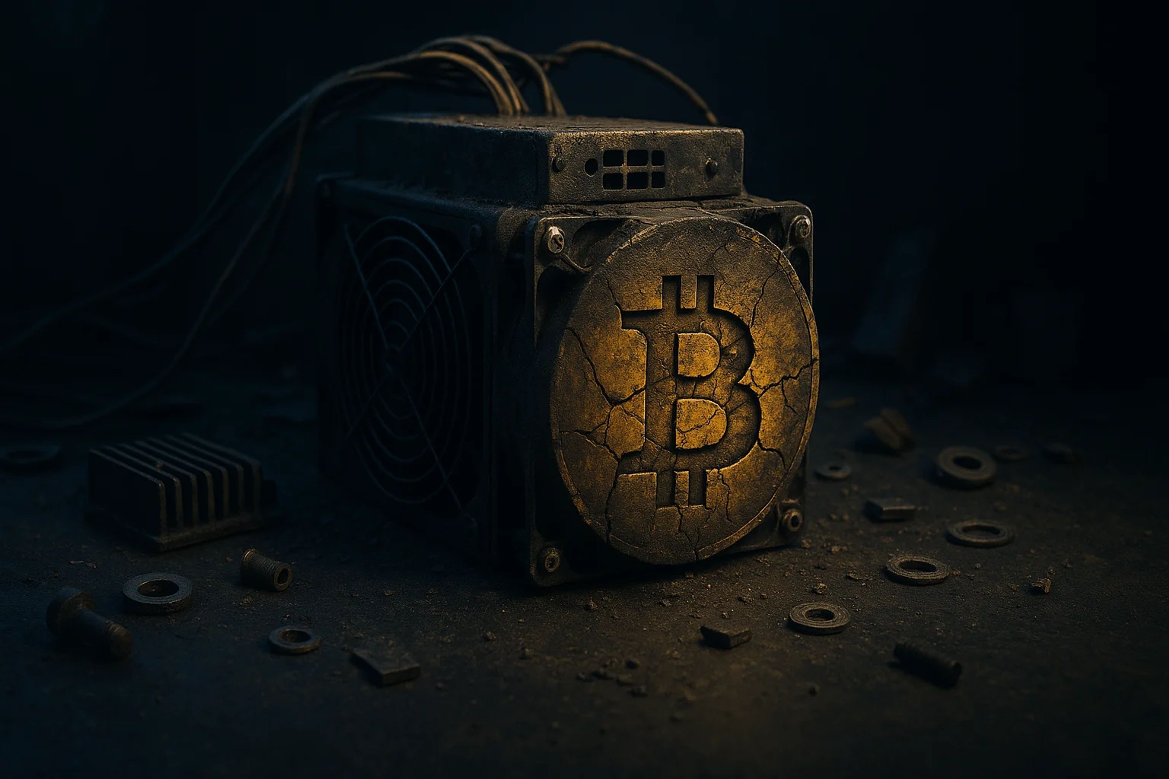 A worn Bitcoin mining machine on a dark surface