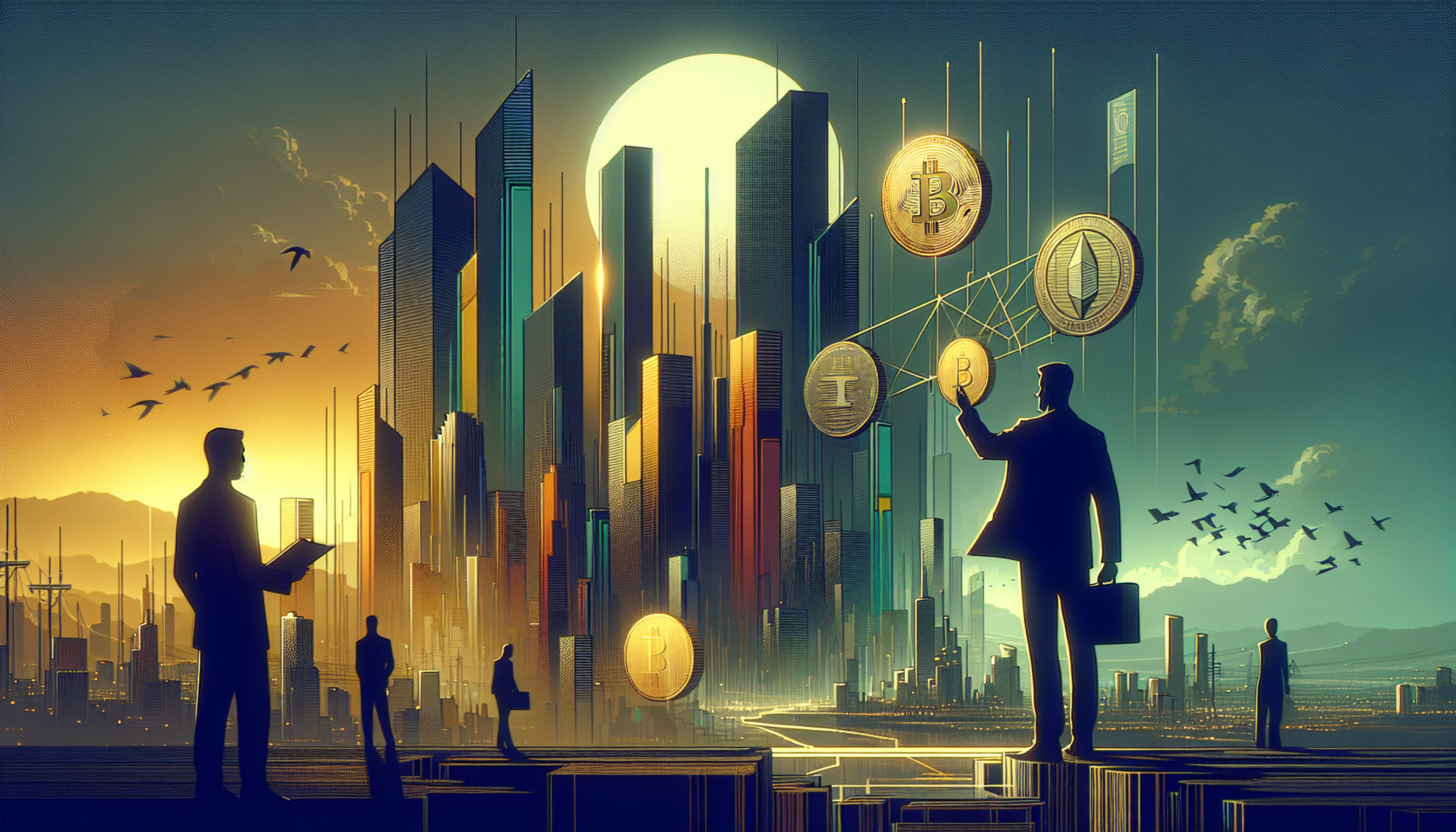 Silhouetted figures in a futuristic cityscape