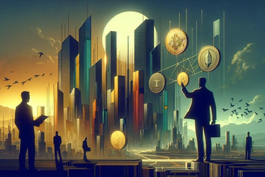 Silhouetted figures in a futuristic cityscape