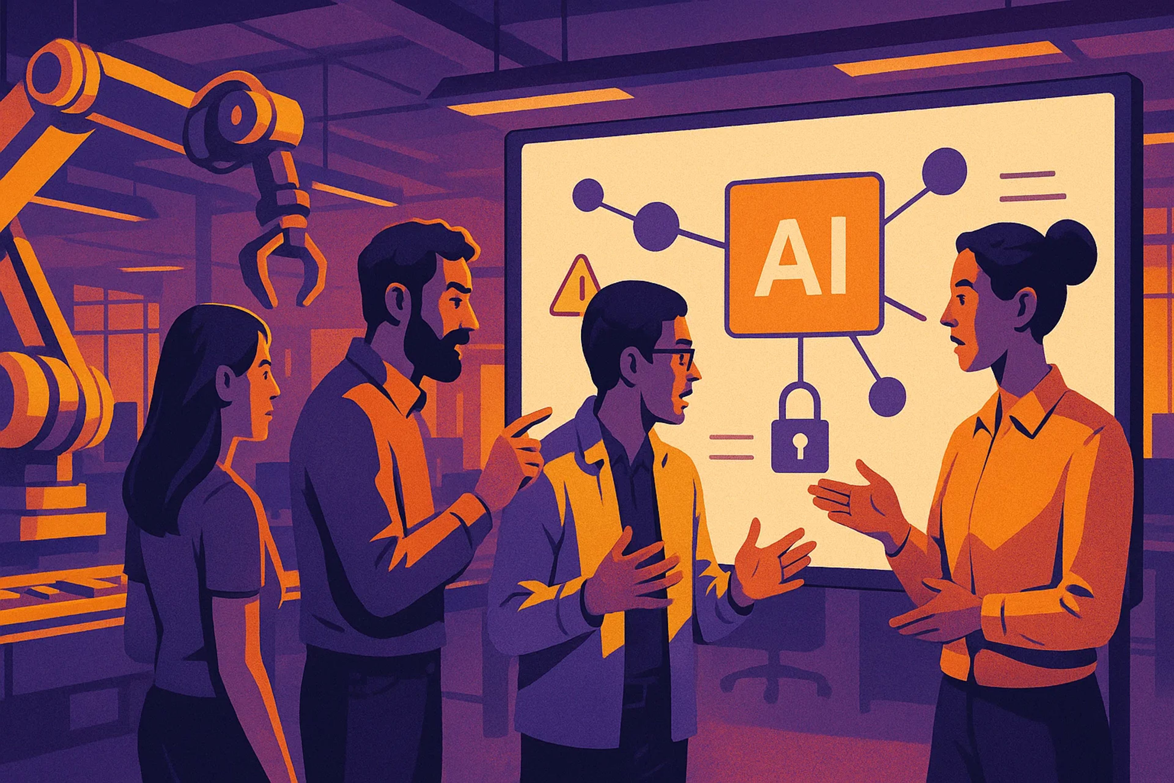 Four people discussing AI concepts in a dimly lit