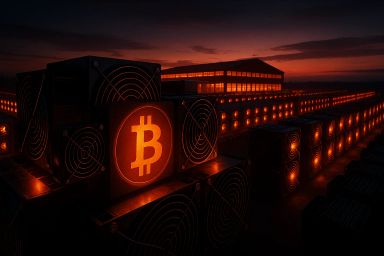 Rows of illuminated Bitcoin mining rigs at dusk