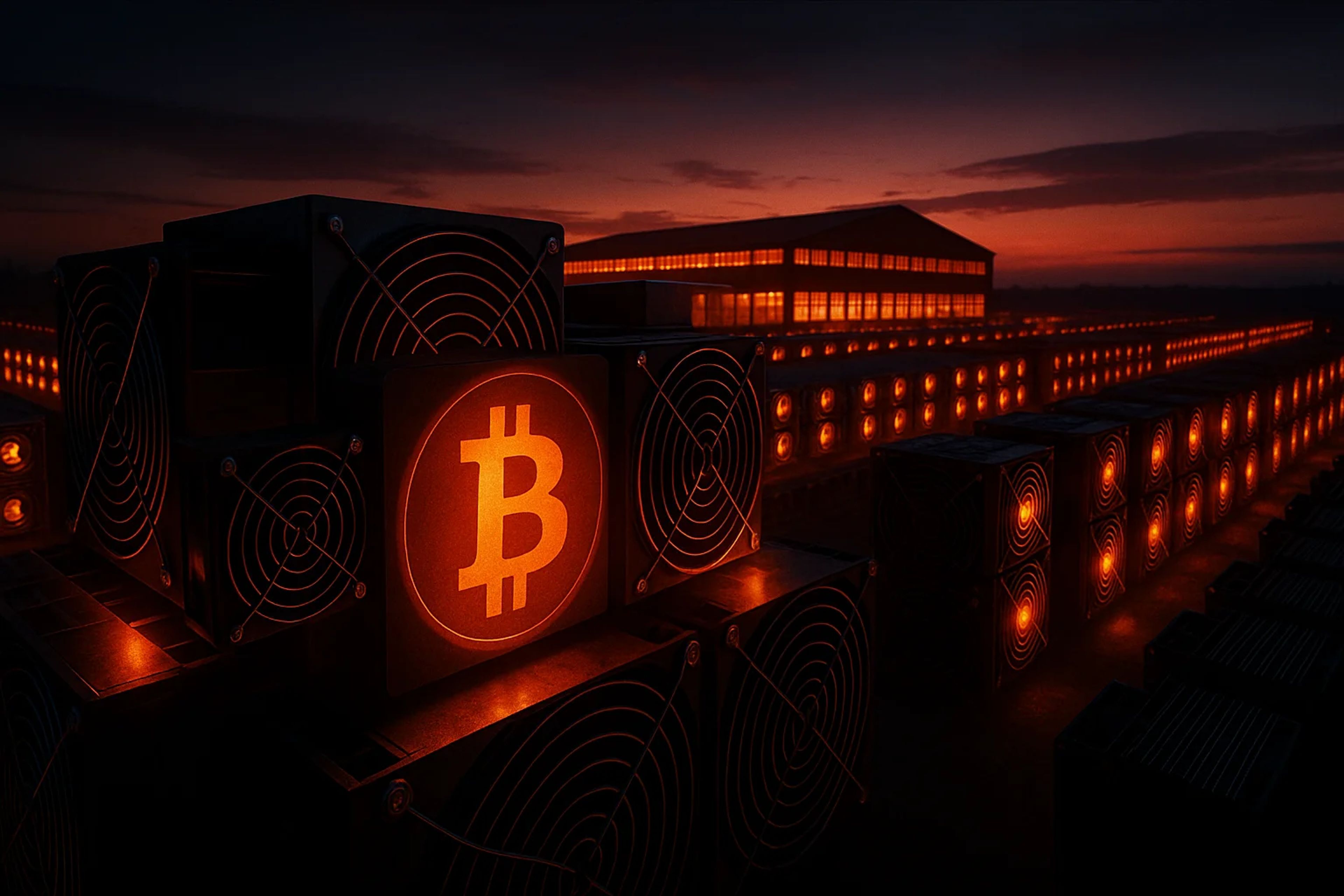 Rows of illuminated Bitcoin mining rigs at dusk