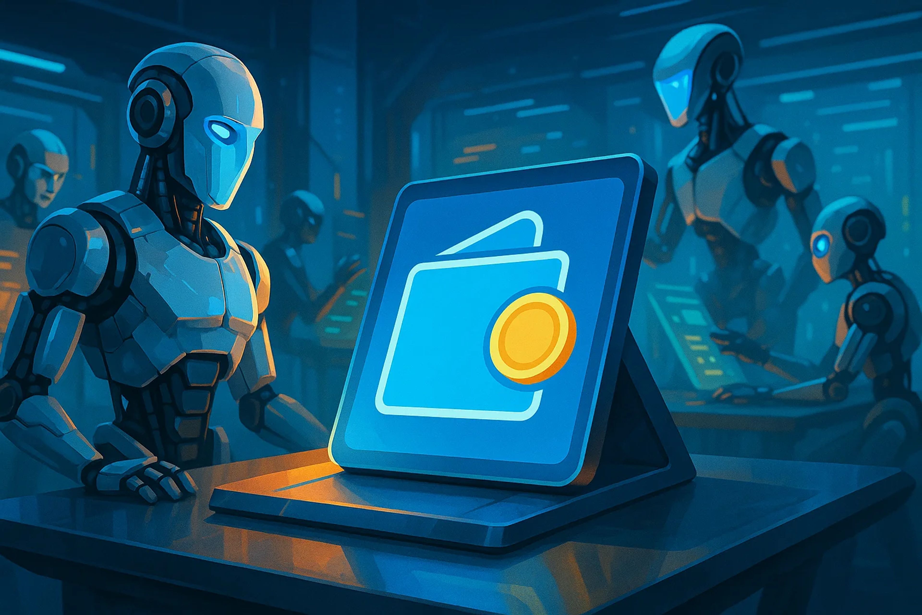 Futuristic robots interacting with a digital