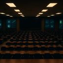Empty lecture hall with rows of desks and screens