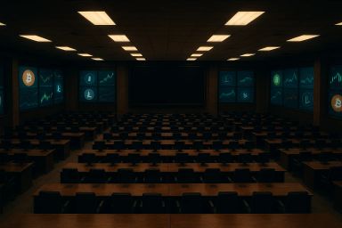 Empty lecture hall with rows of desks and screens