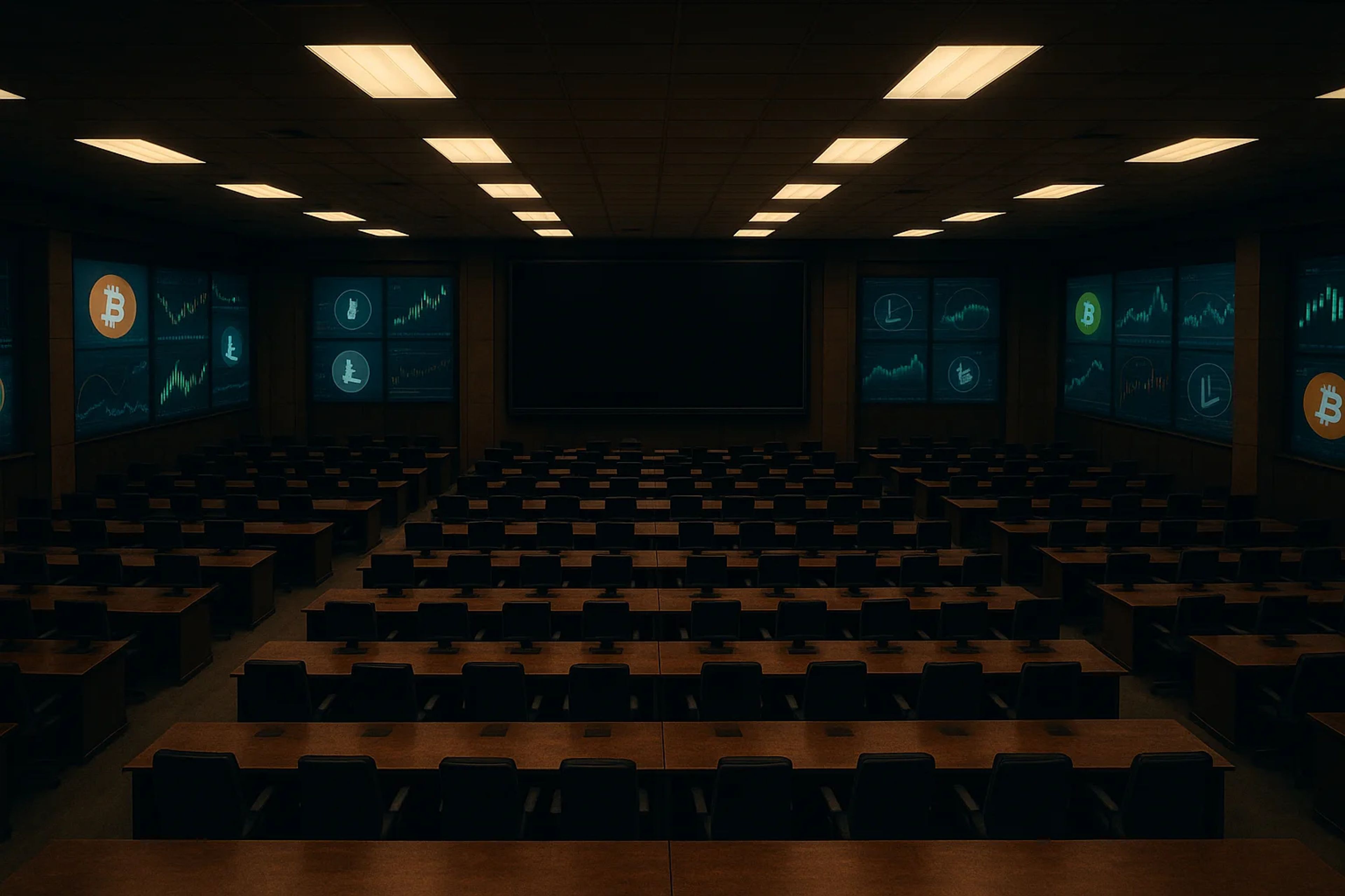 Empty lecture hall with rows of desks and screens