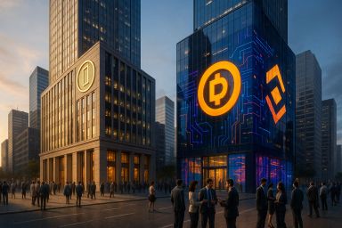 Modern skyscrapers with illuminated digital logos