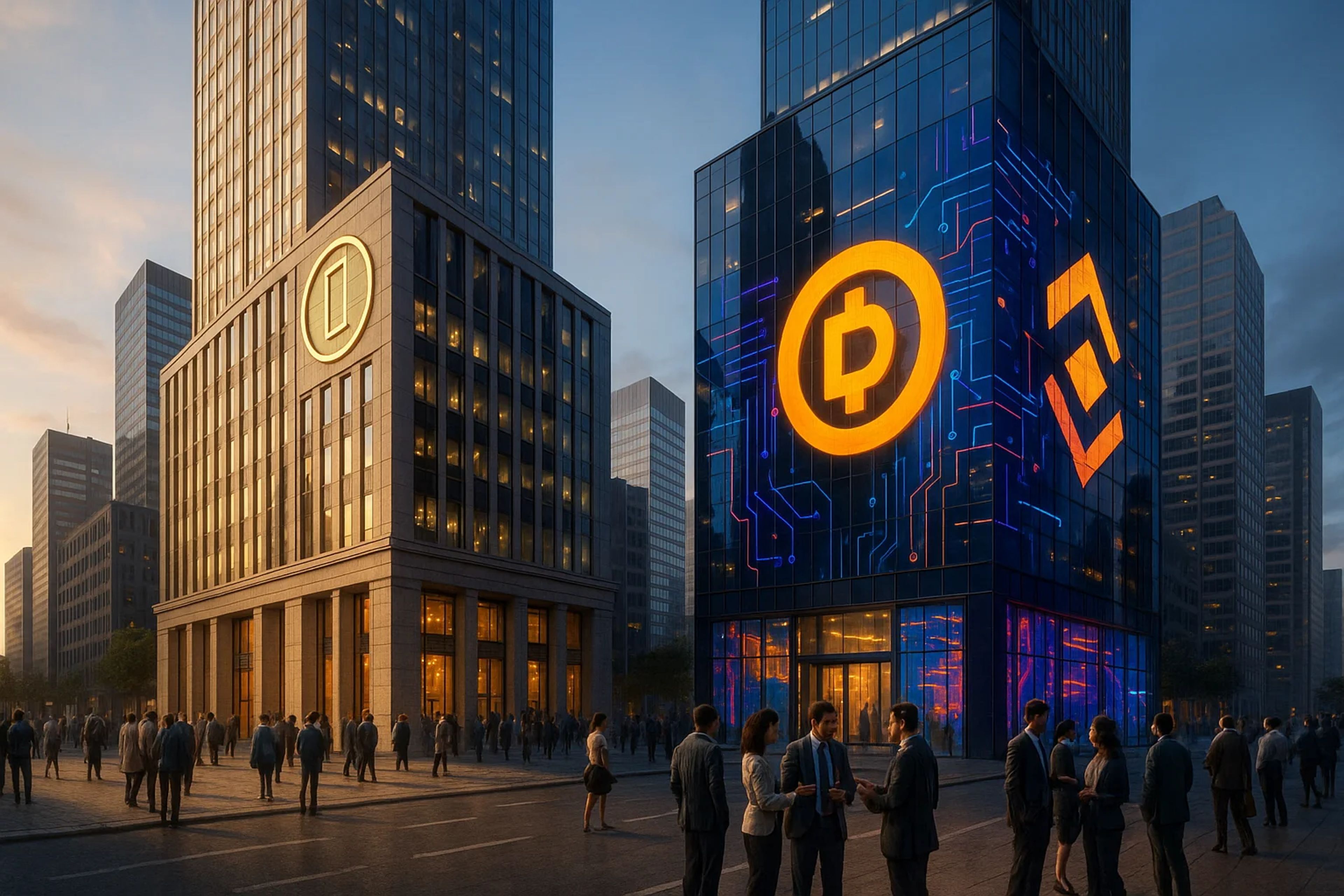 Modern skyscrapers with illuminated digital logos