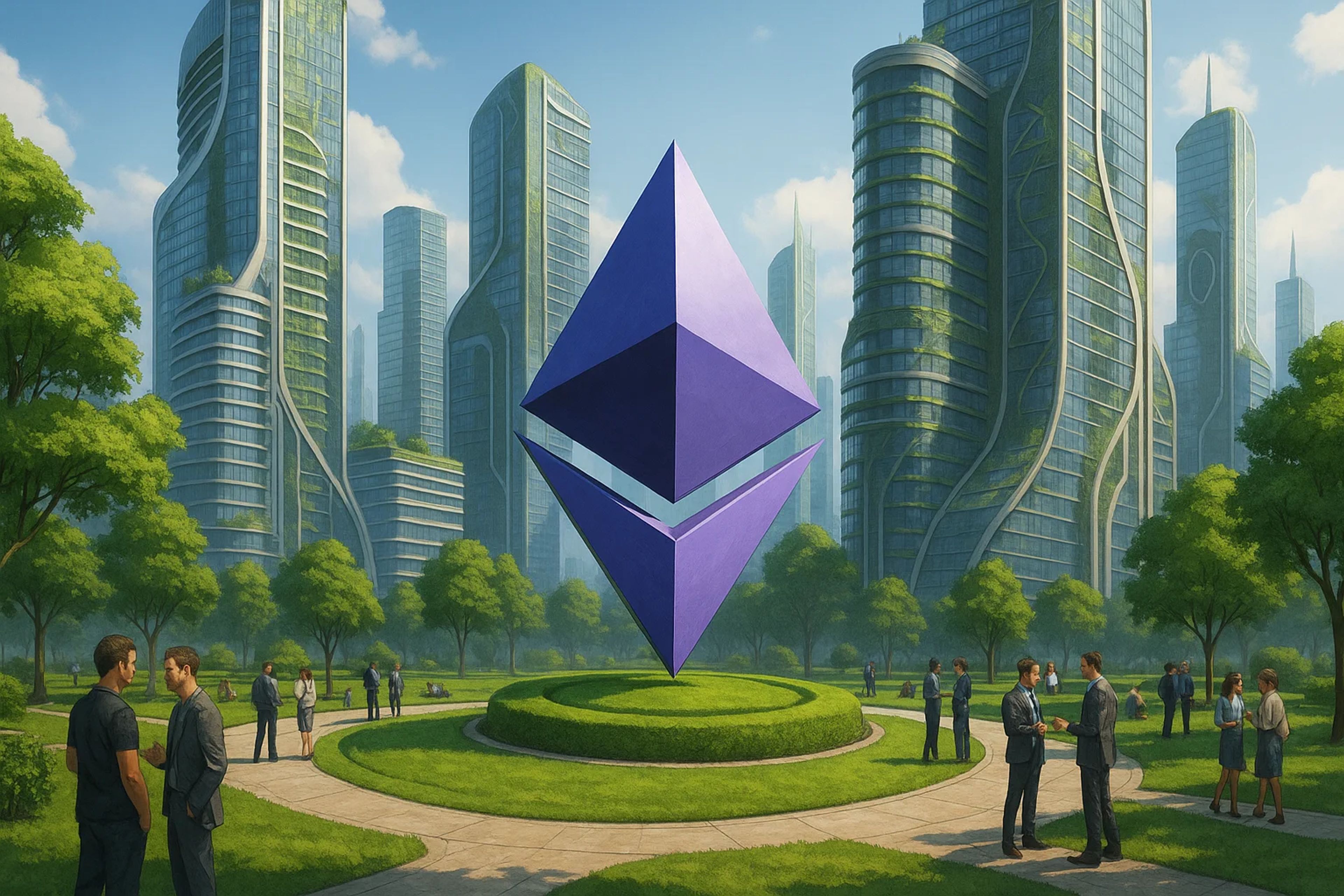A large purple Ethereum symbol in a green park