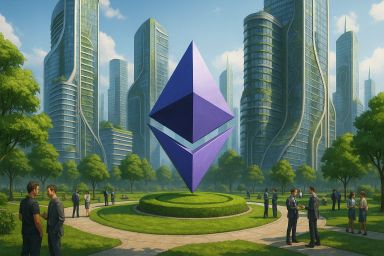 A large purple Ethereum symbol in a green park