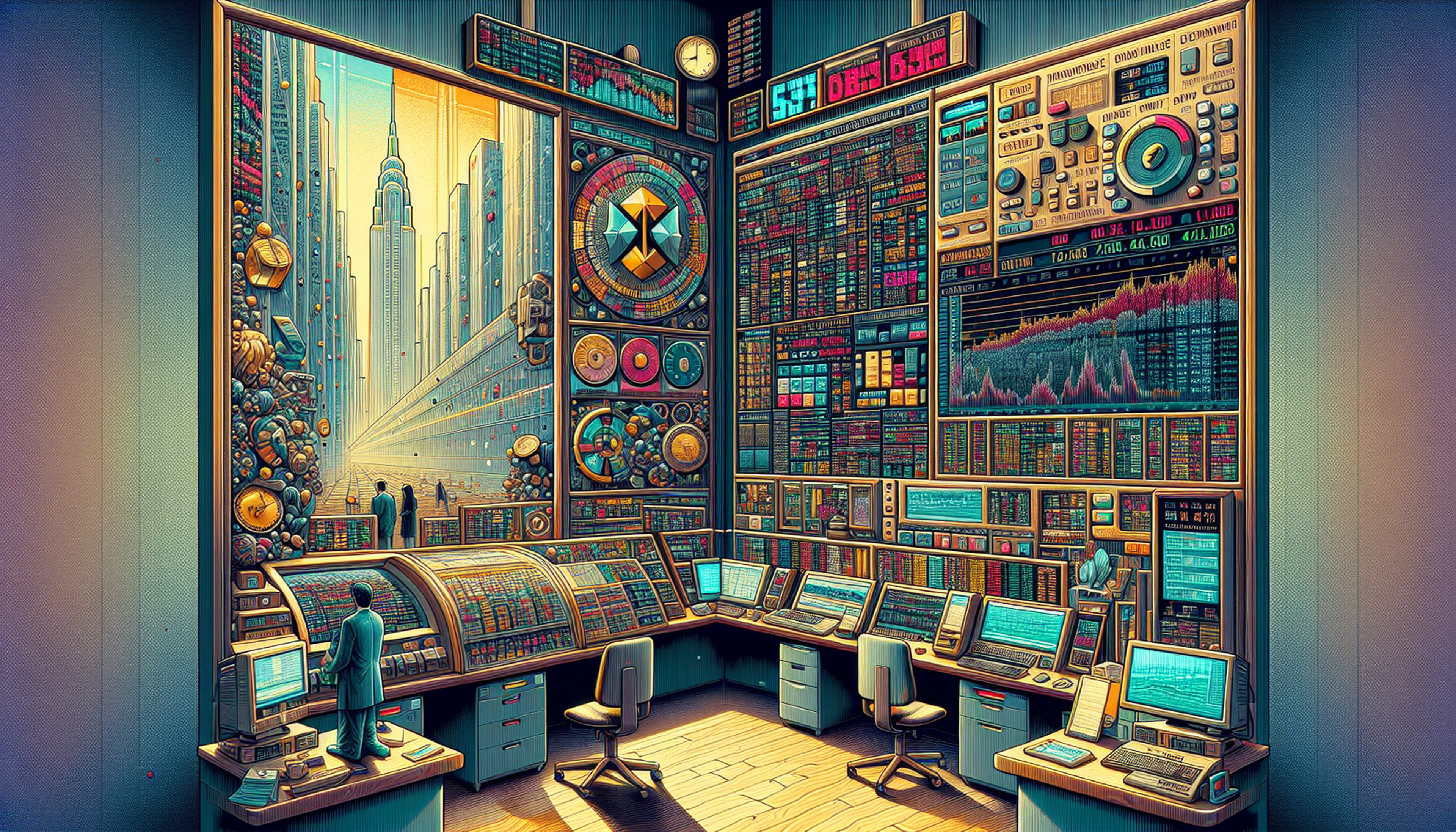 Futuristic control room with screens and charts