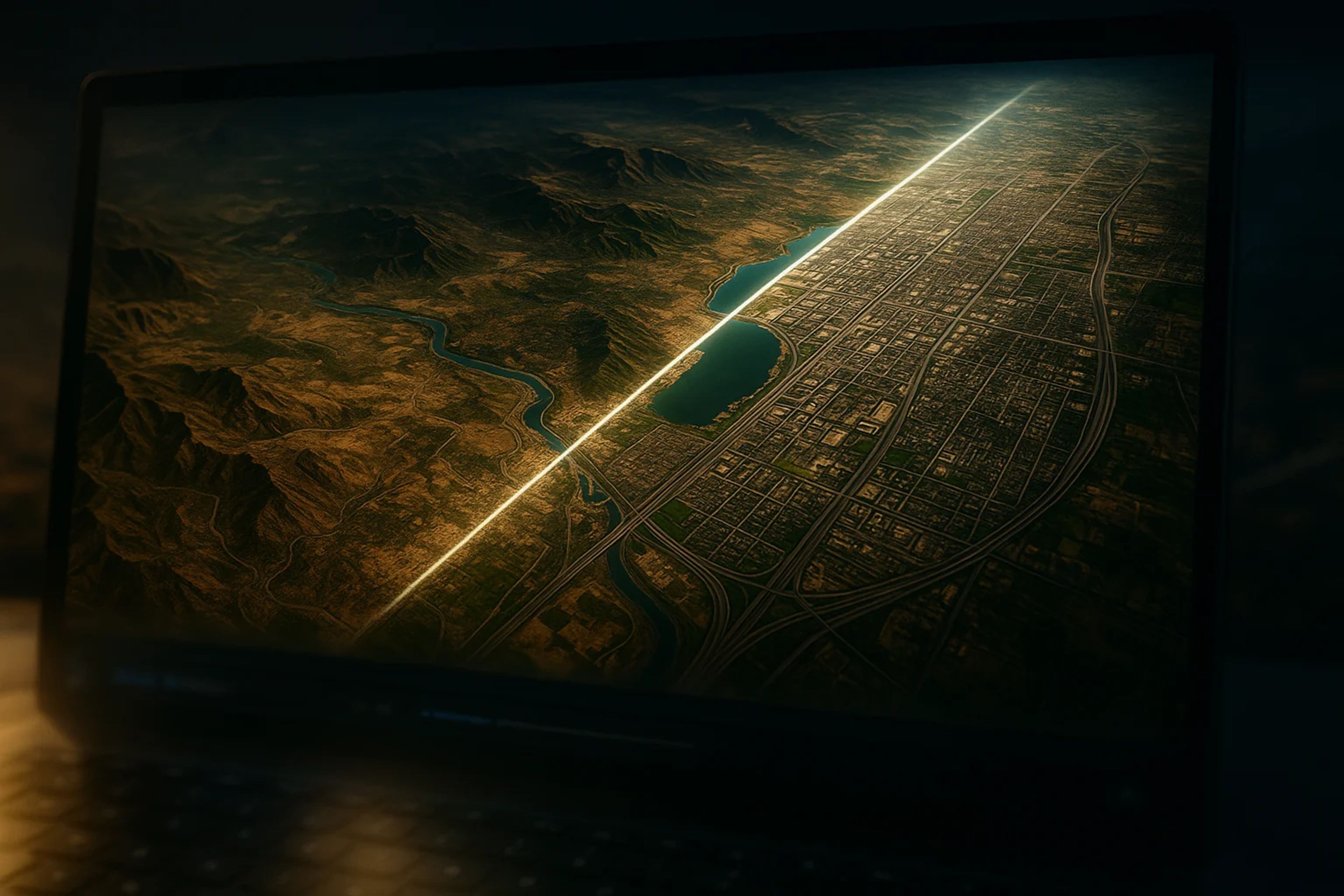 Aerial view of a city grid meeting a natural