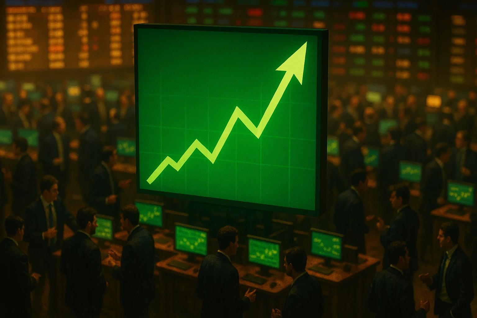 Trading floor with a large upward trend graph