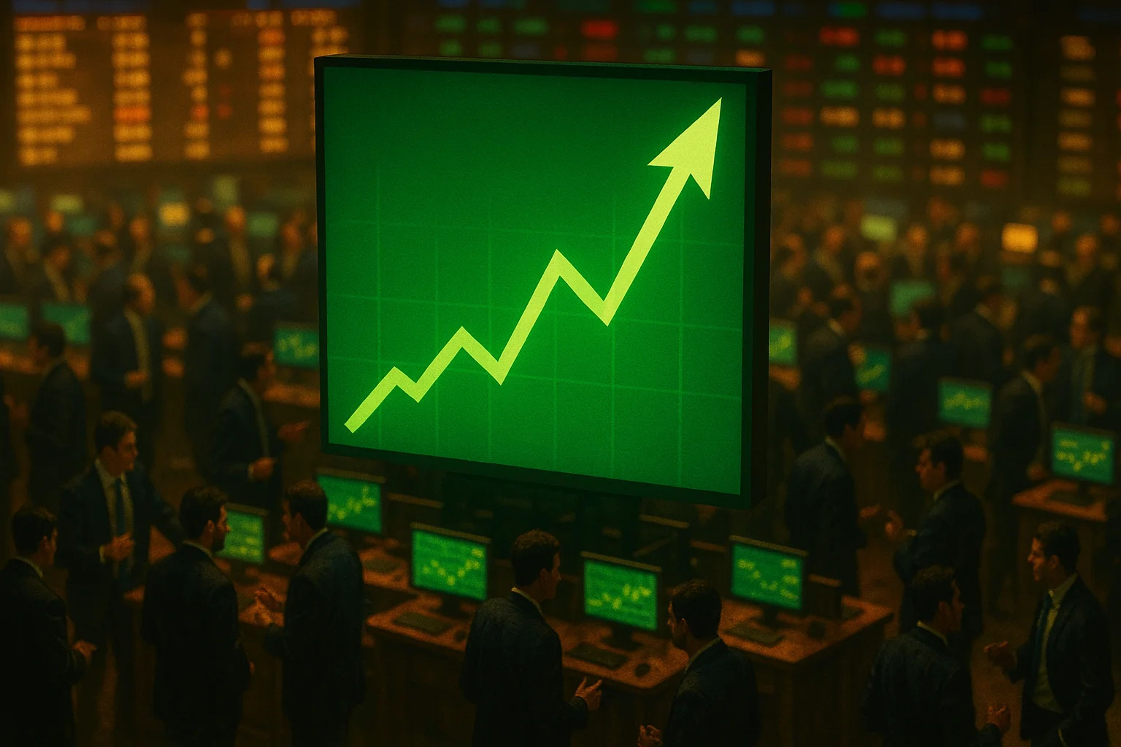Trading floor with a large upward trend graph