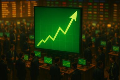 Trading floor with a large upward trend graph