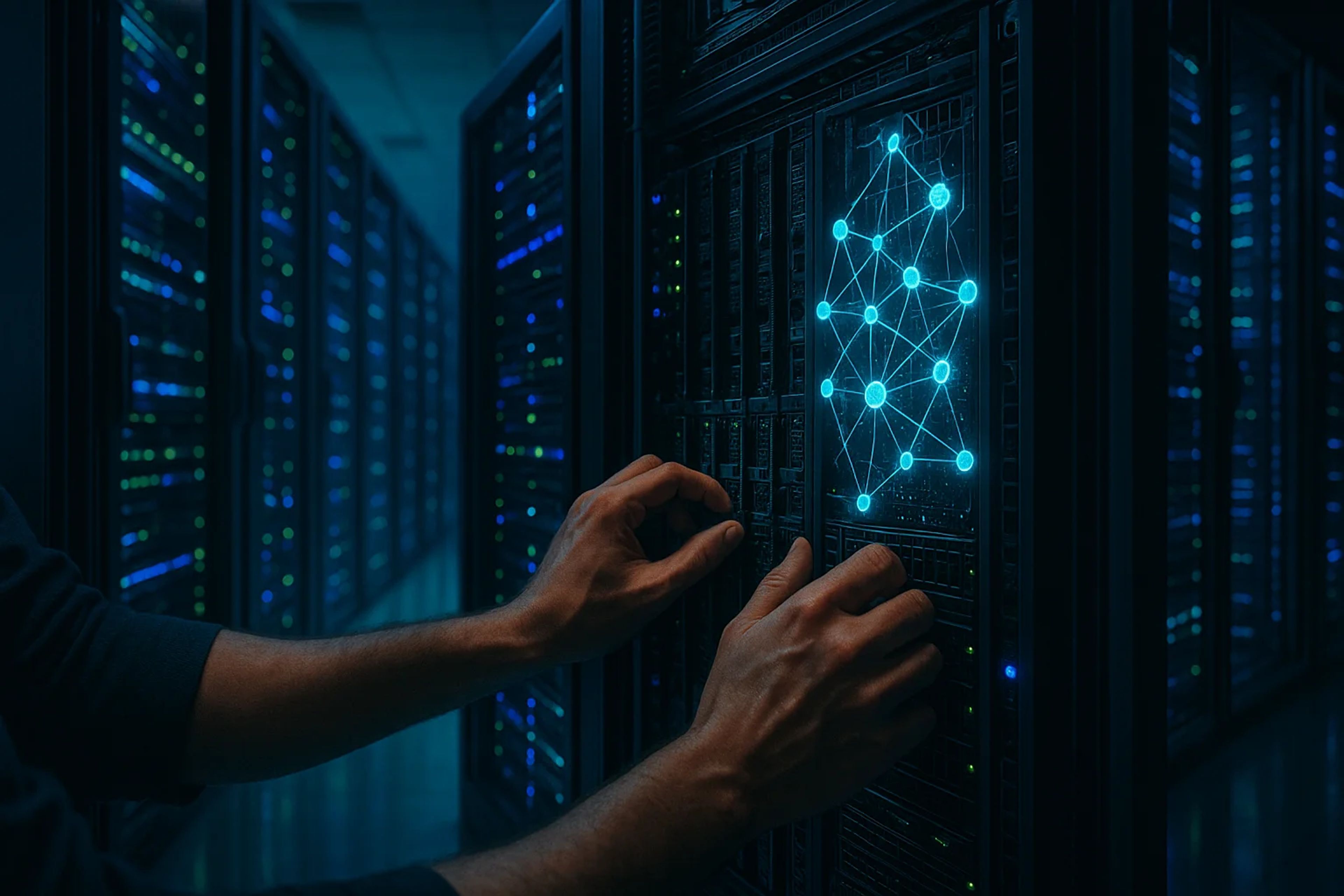 Hands interacting with a server rack, glowing