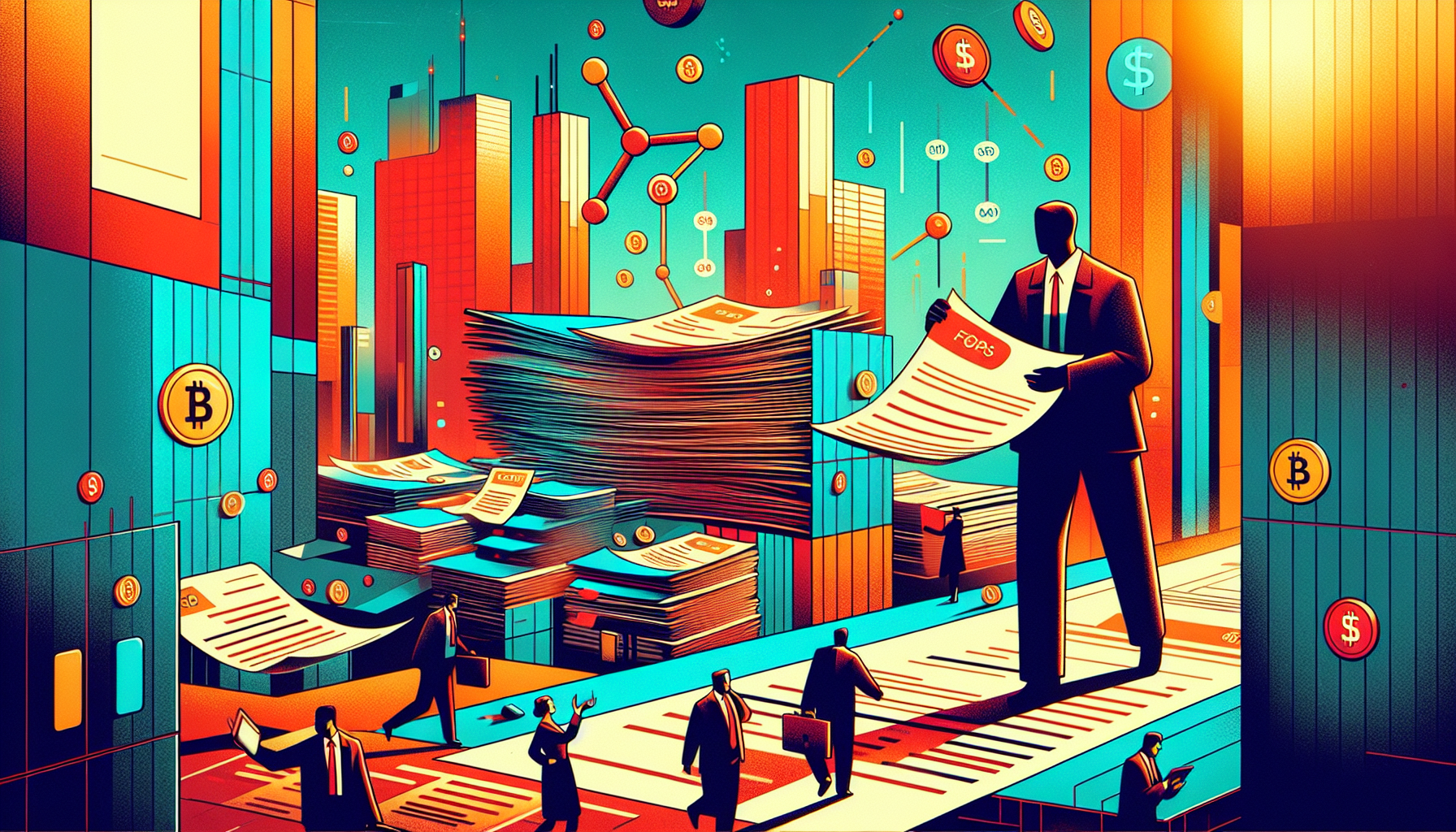 Colorful abstract scene with figures and stacks