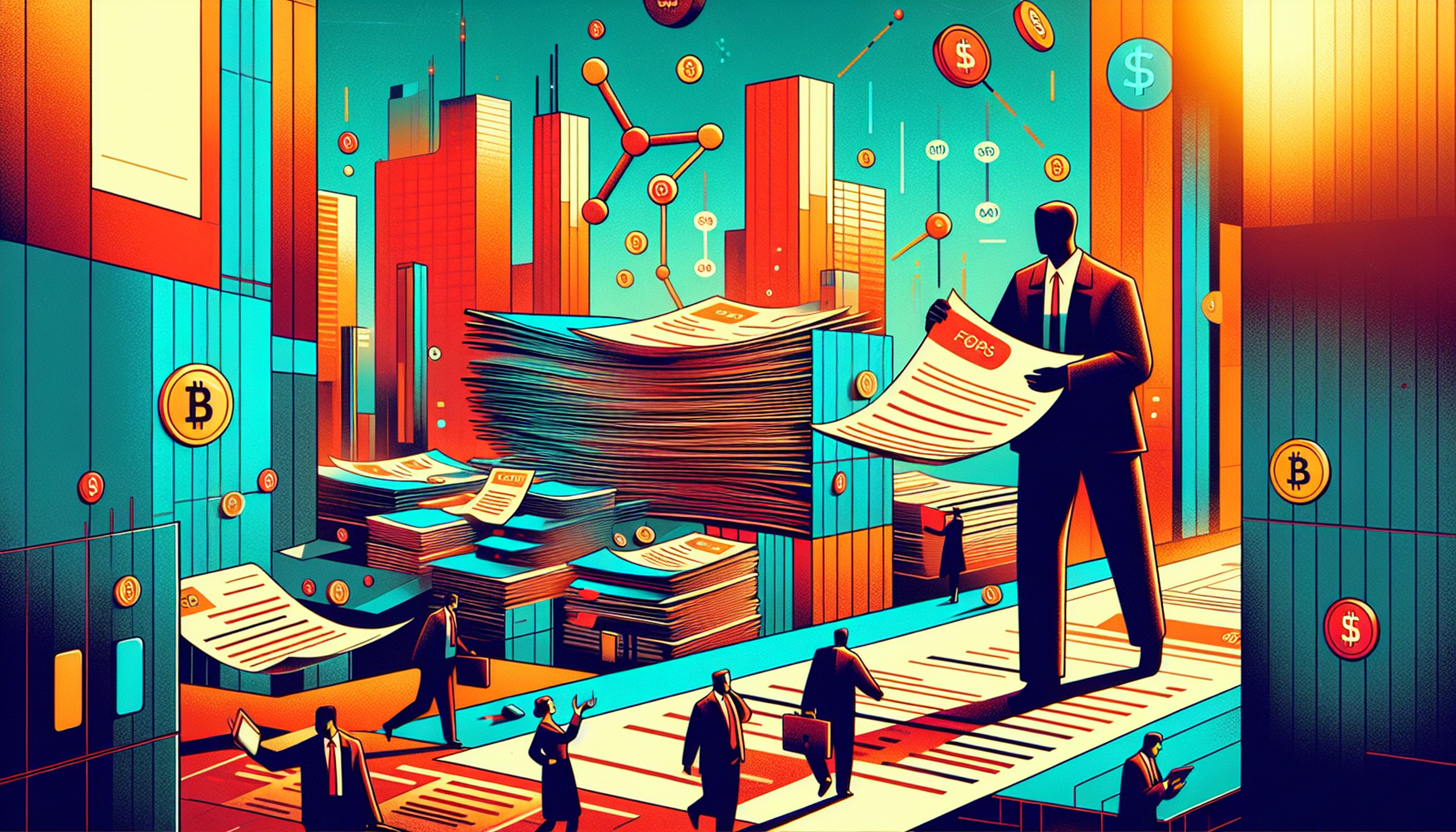 Colorful abstract scene with figures and stacks