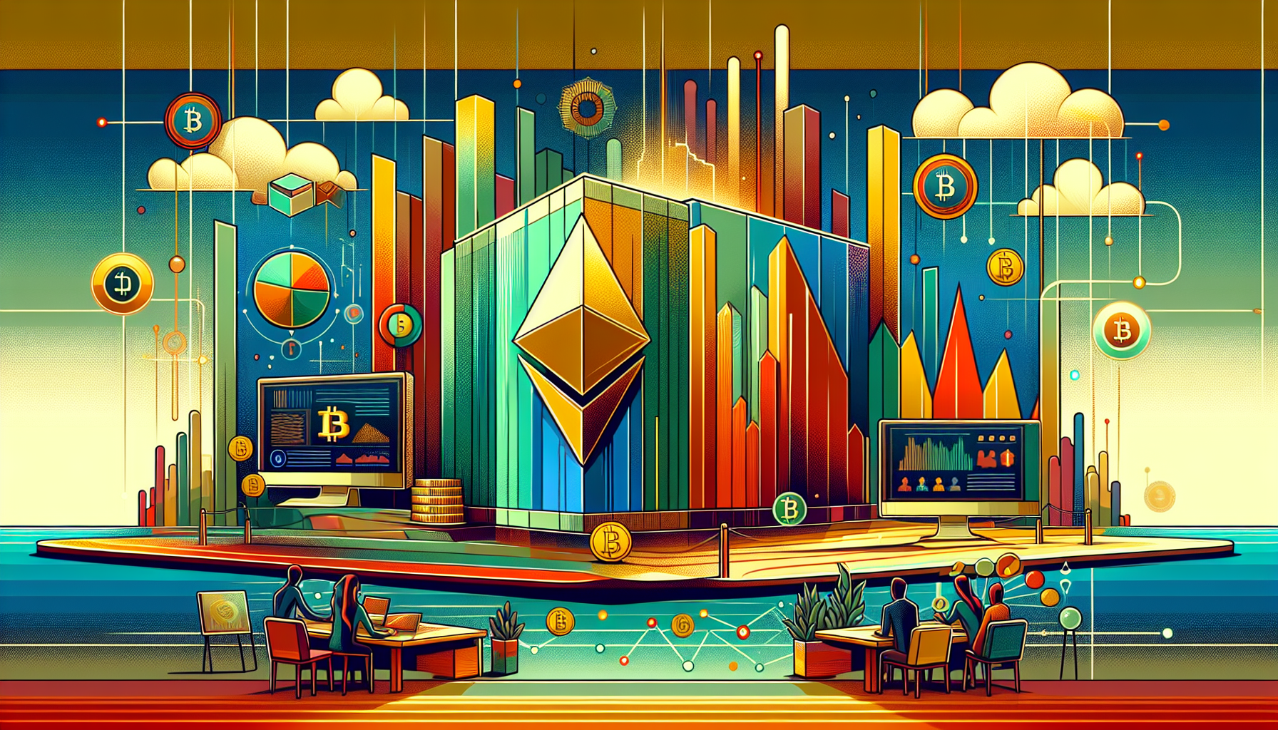 Colorful digital illustration of cryptocurrency