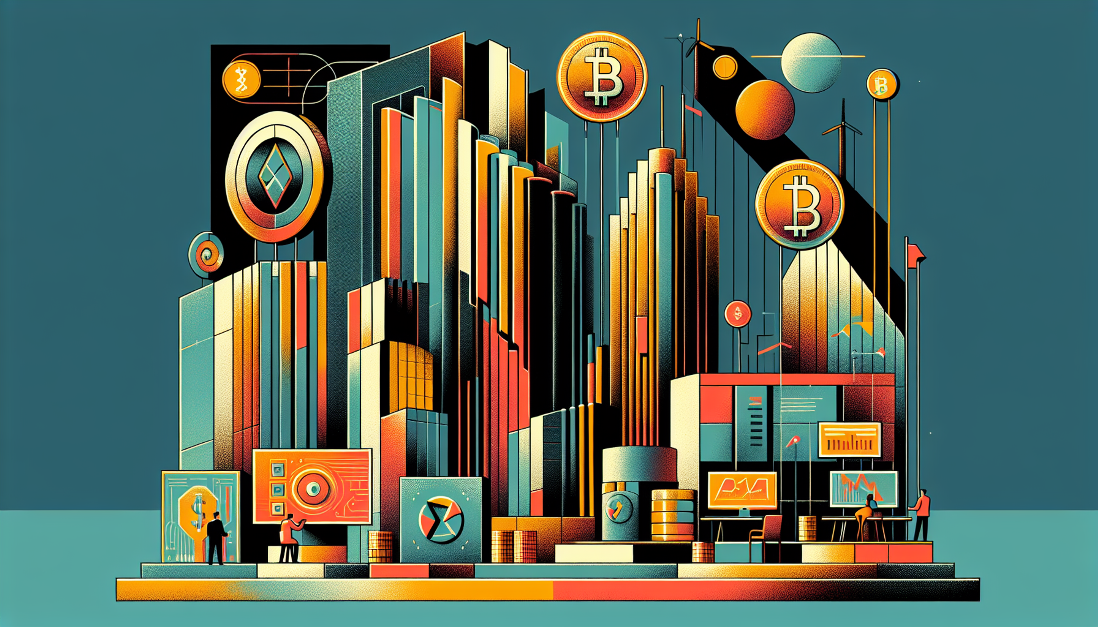 Colorful digital cityscape with cryptocurrency