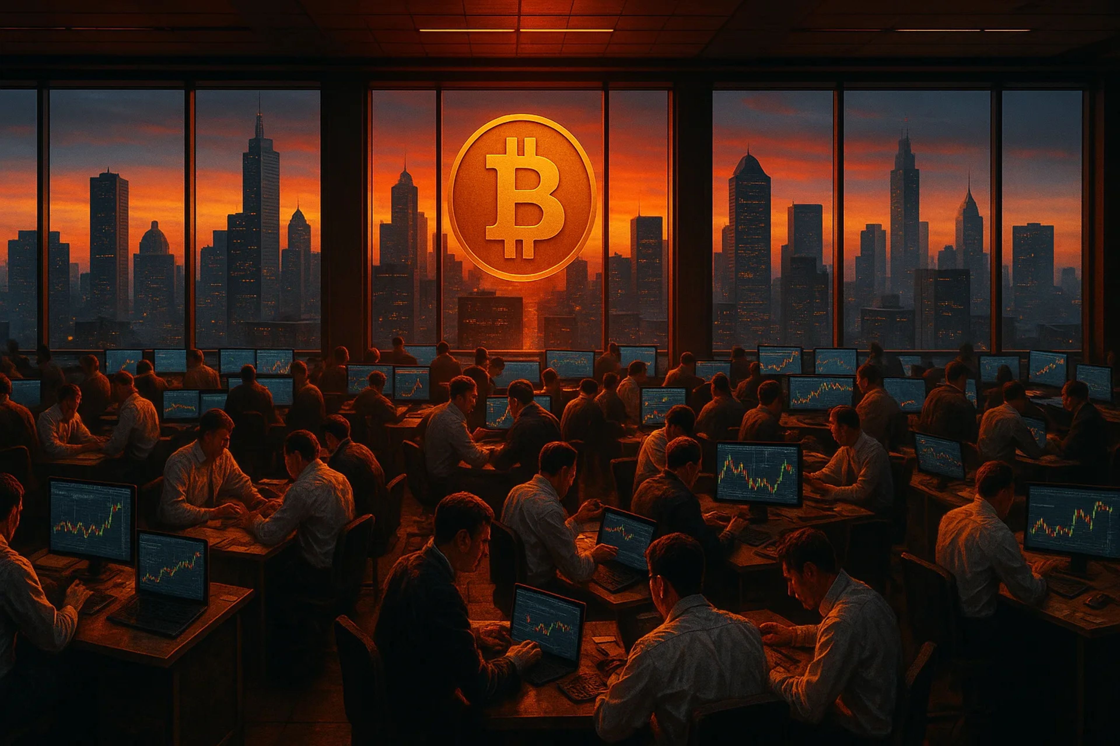 Silhouetted traders in a dimly lit office with
