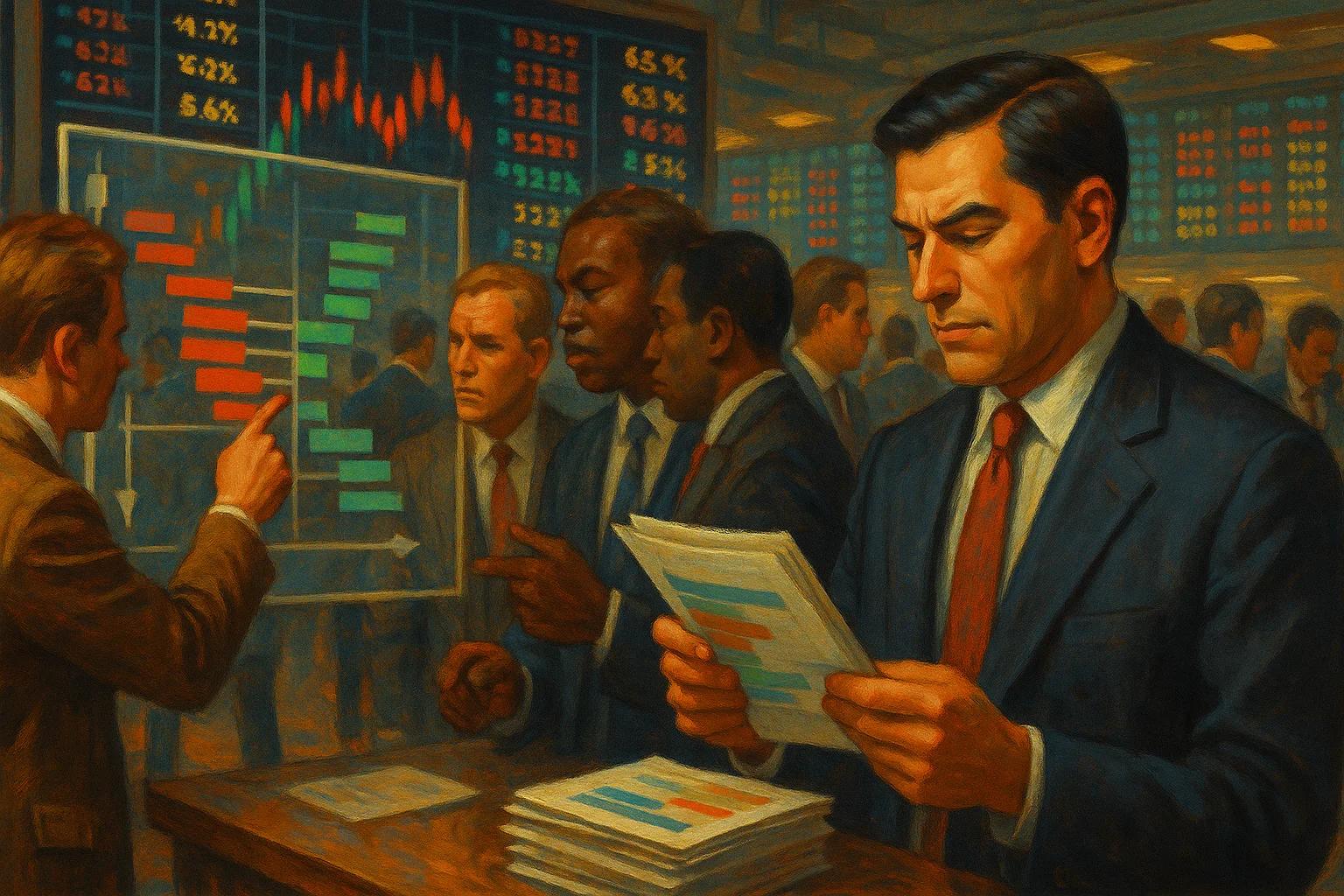 Men in suits discussing stock market data