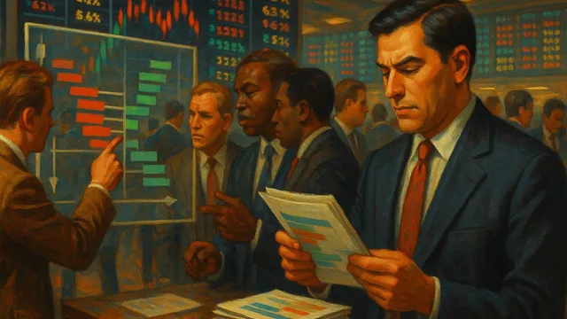 Men in suits discussing stock market data