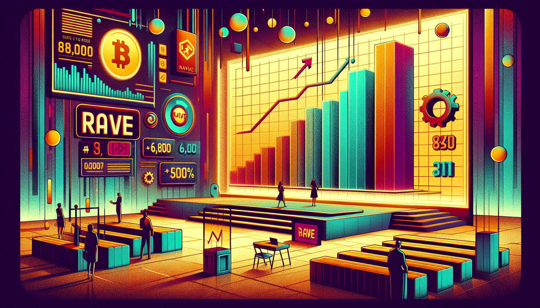 Colorful digital stage with graphs and data