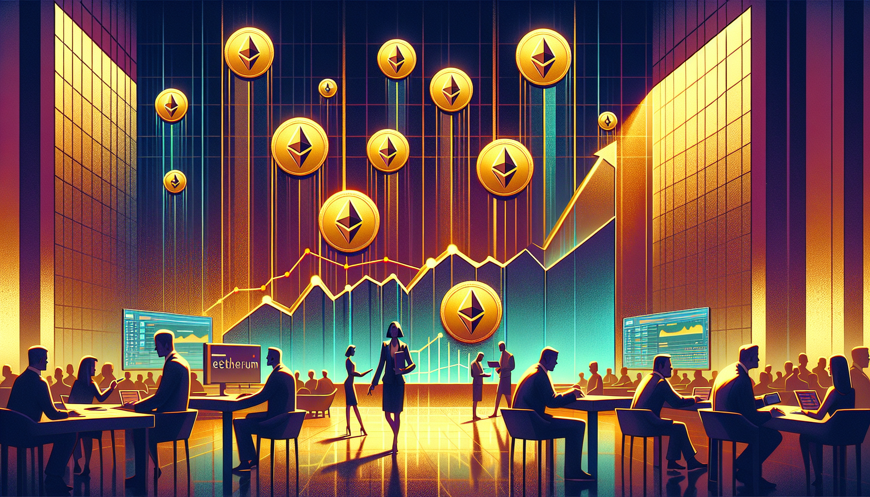 Silhouetted figures in an office with Ethereum