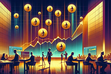 Silhouetted figures in an office with Ethereum
