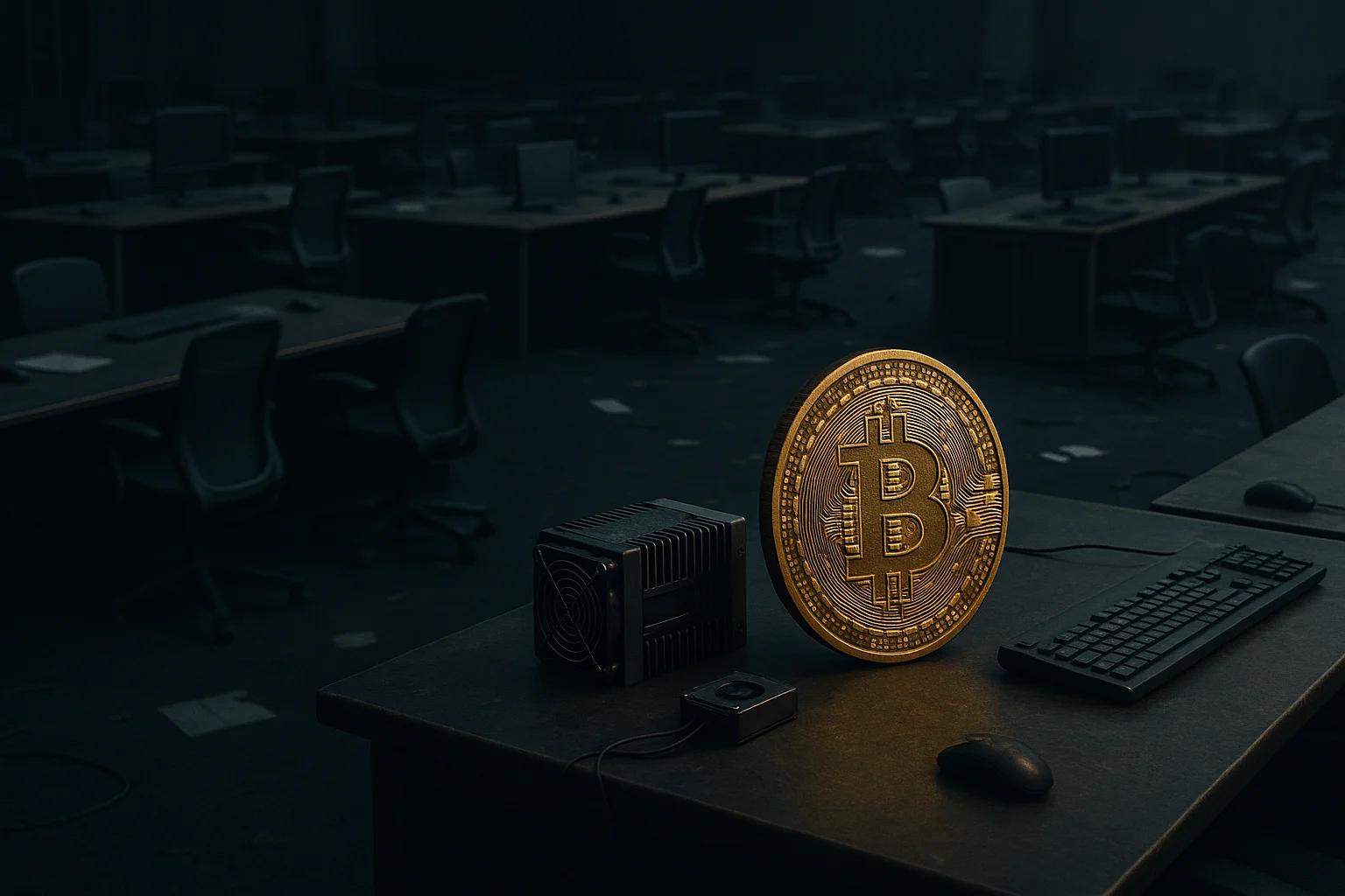 A glowing Bitcoin on a desk in a dimly lit office