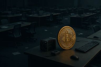 A glowing Bitcoin on a desk in a dimly lit office